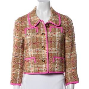 Kate Spade Tweed Jacket Tan Pink Plaid Pattern Gold Buttons Size 2 Silk Lining